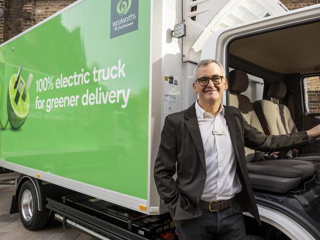 Woolworths CEO Brad Banducci with a new electronic vehicle/truck. Picture: Supplied