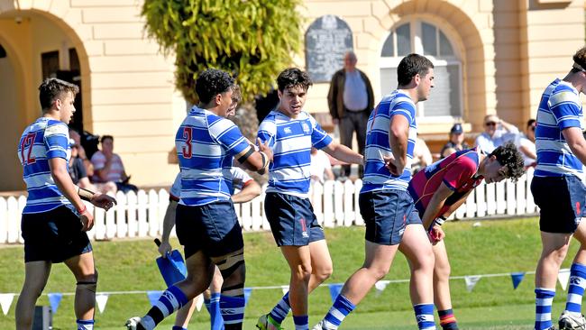 Nudgee College players celebrate a try Nudgee College v BSHS in the GPS First XV rugby. Saturday August 20, 2022. Picture, John Gass