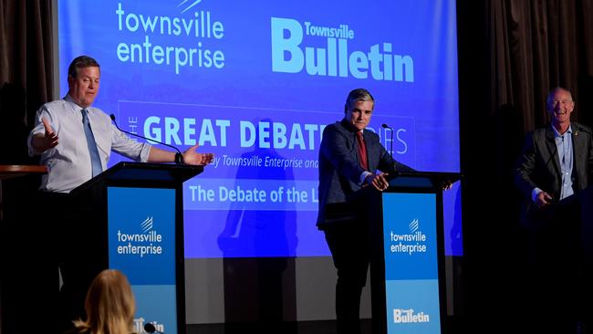 Queensland Opposition Leader Tim Nicholls (left), KAP State Leader Robbie Katter and Pauline Hanson’s One Nation Queensland Leader Steve Dickson (right) speak at the Townsville leaders forum. Picture: AAP.