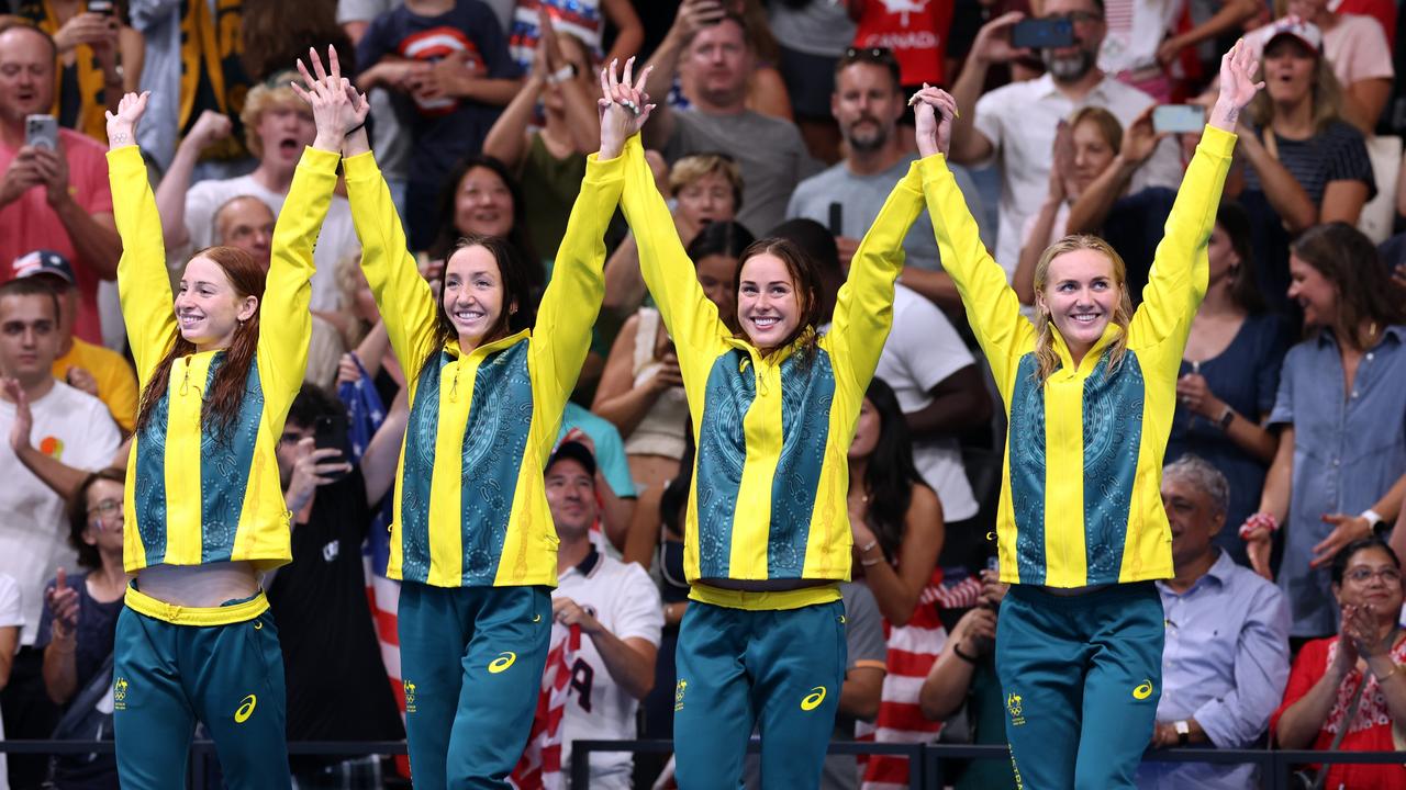 Paris Olympics Gold Medalists Mollie O’Callaghan, Lani Pallister, Brianna Throssell and Ariarne Titmus of Team Australia. Picture: Ian MacNicol/Getty Images