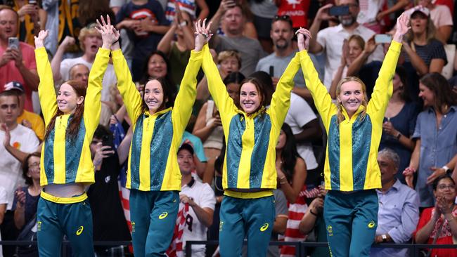 Paris Olympics Gold Medalists Mollie O’Callaghan, Lani Pallister, Brianna Throssell and Ariarne Titmus of Team Australia. Picture: Ian MacNicol/Getty Images