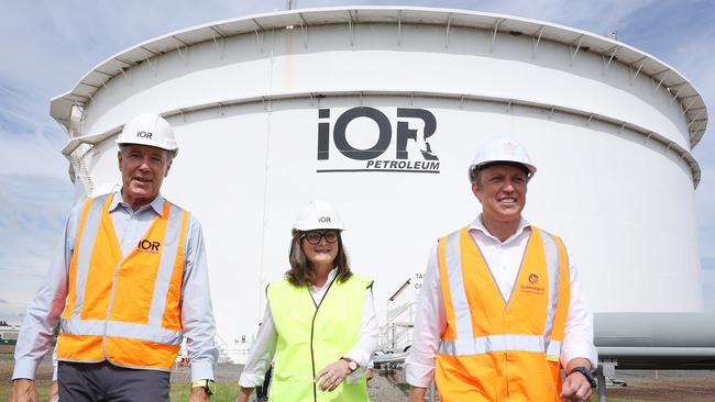 IOR Petroleum managing director Stewart Morland, state member for Lytton Joan pease and Queensland deputy premier Steven Miles announce funding for a major diesel fuel project at the Port of Brisbane. Picture: Liam Kidston