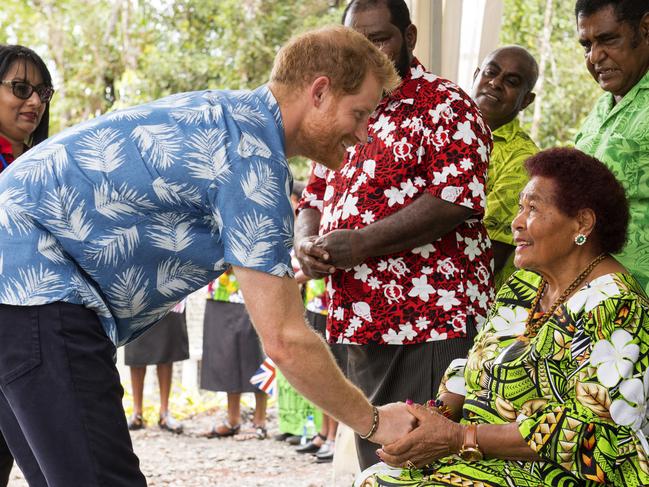 The Duke of Sussex met Litiana Vulaca, 86, who served tea to the Queen on her visit to Fiji in 1953. Picture: AP