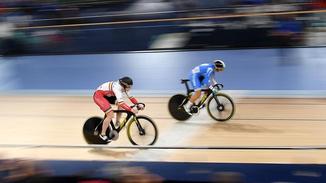 South Aussie Stephanie Morton, left, on her way to beating Caitlin Ward of Victoria in the women's gold medal sprint race during the 2018 Australian Track National Championships at Anna Meares Velodrome in Brisbane. Picture: Bradley Kanaris/Getty Images