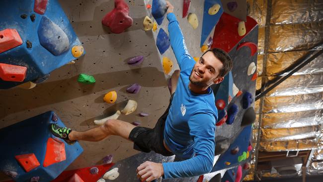 Tom O’Halloran training at the Sydney Indoor Climbing Gym at Villawood. Picture: Richard Dobson