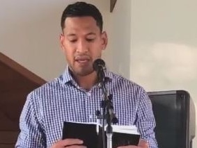 Israel Folau speaks at The Truth of Jesus Christ Church, Kenthurst, Sunday 12 May 2019. Picture: Facebookhttps://www.facebook.com/592277641115135/videos/2247434915518346/