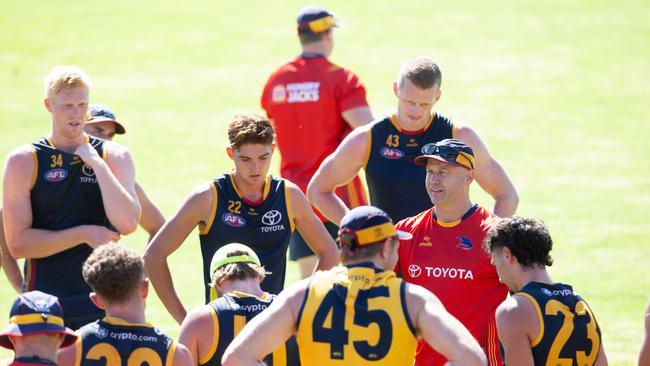 Crows training at Richmond Oval. Coach Matthew Nicks talks to players. Picture: Brett Hartwig