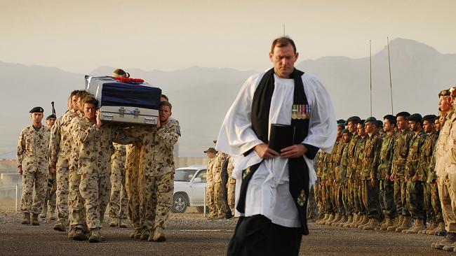 Corporal Mathew Hopkins is farewelled by comrades in Afghanistan.