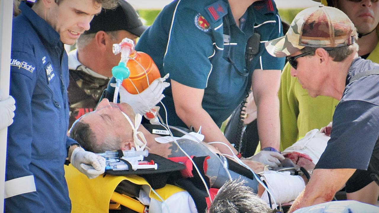 Rick Bettua at the Dungeness boat ramp in Hinchinbrook, with no pulse after his upper left leg was mauled by a bull shark on the Great Barrier Reef. Picture: Cameron Bates