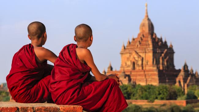 Young monks at the Bagan temple complex in Myanmar.