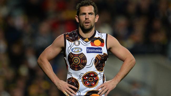 A disappointed Luke Hodge after Hawthorn’s loss to West Coast. Picture: Daniel Wilkins