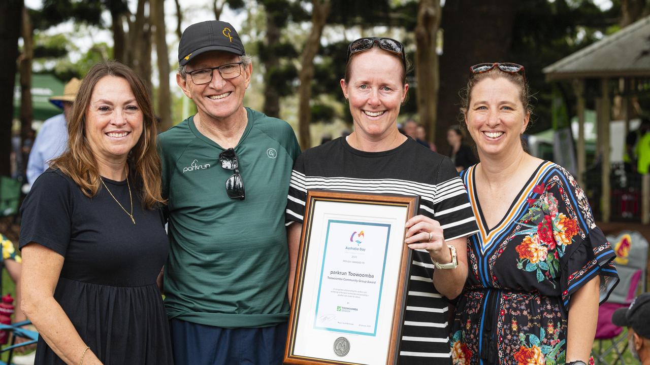 Parkrun Toowoomba are named the Toowoomba Community Group Award recipients, representing parkrun Toowoomba are (from left) Lisa Salisbury, Steve Antonio, Margie Bryant and Anna Jones at Toowoomba Australia Day celebrations at Picnic Point, Sunday, January 26, 2025. Picture: Kevin Farmer