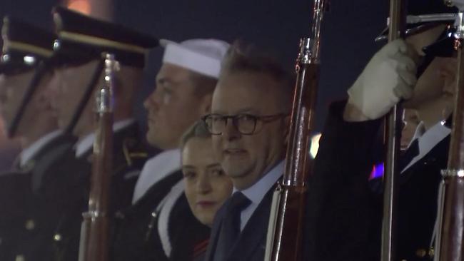 Prime Minister Anthony Albanese and partner Jodie Haydon arrive in Washington on Monday. Picture: Sky News