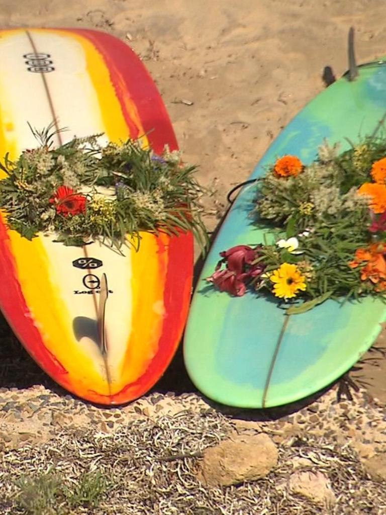 A tribute to shark victim Khai Cowley left at a special paddle out in Seaford. Picture: 7NEWS