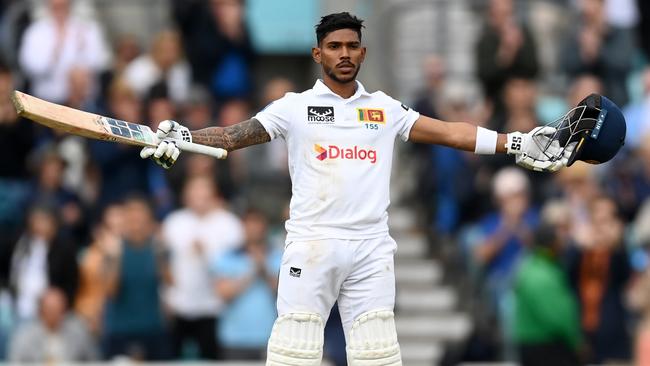 LONDON, ENGLAND - SEPTEMBER 09: Pathum Nissanka of Sri Lanka celebrates reaching his century during the 3rd Test Match between England and Sri Lanka at The Kia Oval on September 09, 2024 in London, England. (Photo by Gareth Copley/Getty Images)