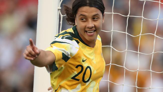 NEWCASTLE, AUSTRALIA - MARCH 06: Sam Kerr of the Australian Matildas celebrates a goal during the Women's Olympic Football Tournament Play-Off match between the Australian Matildas and Vietnam at McDonald Jones Stadium on March 06, 2020 in Newcastle, Australia. (Photo by Tony Feder/Getty Images)