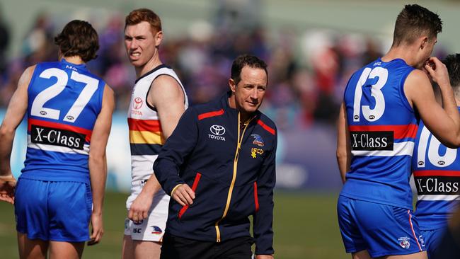 Don Pyke during a quarter time break during the Round 23 AFL match between the Western Bulldogs and the Adelaide Crows at Mars Stadium in Ballarat. Picture: AAP Image/Scott Barbour