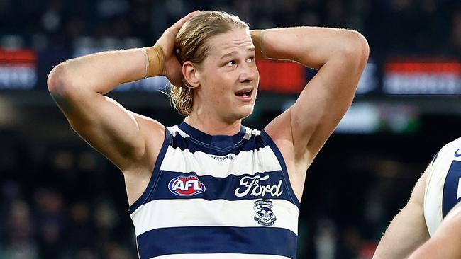 MELBOURNE, AUSTRALIA - JUNE 21: Sam De Koning of the Cats looks dejected after a loss during the 2024 AFL Round 15 match between the Carlton Blues and the Geelong Cats at The Melbourne Cricket Ground on June 21, 2024 in Melbourne, Australia. (Photo by Michael Willson/AFL Photos via Getty Images)