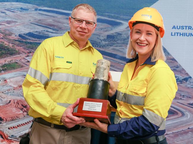 Core chief executive officer Gareth Manderson and Mining Minister Nicole Manison at the official opening of the Finniss Lithium mine Picture: Glenn Campbell