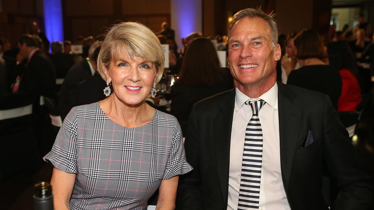 Bishop and her partner David Panton ahead of a National Press Club address by Scott Morrison. Picture: Kym Smith