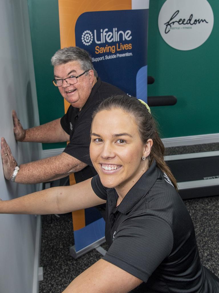 Nicole Steffens from Freedom Fitness and Lifestyle Toowoomba and Derek Tuffield CEO, Lifeline Darling Downs. Picture: Nev Madsen