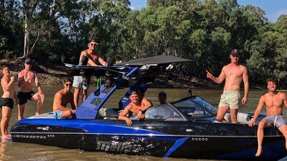 Port Adelaide footballer Ollie Wines posted this photo of his wakeboarding trip on the Murray River with friends. Picture: Instagram 