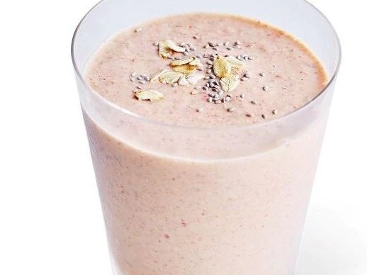 Mango, raspberry, kefir and oat smoothie.