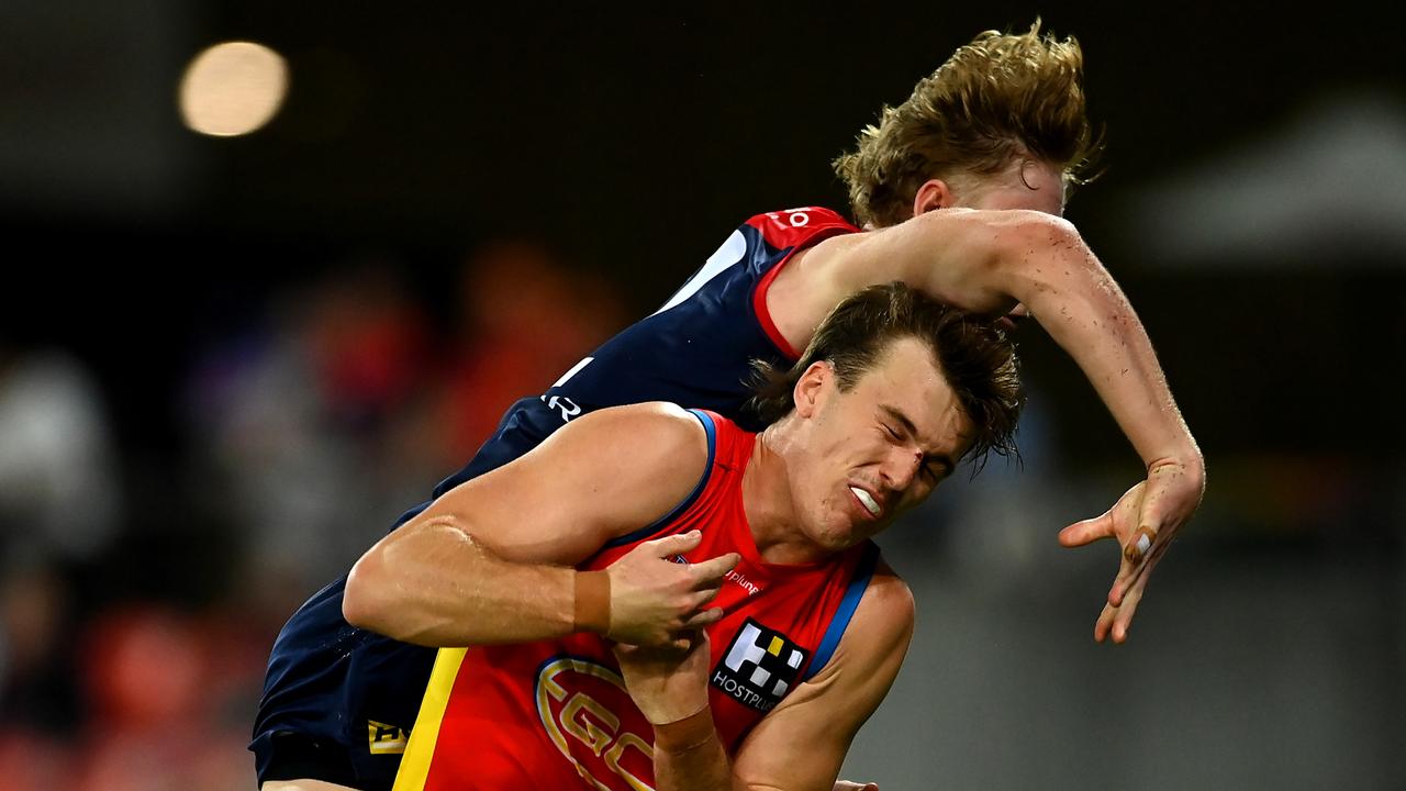 Jacob van Rooyen was suspended for this hit on Charlie Ballard. Picture: Albert Perez/AFL Photos via Getty Images