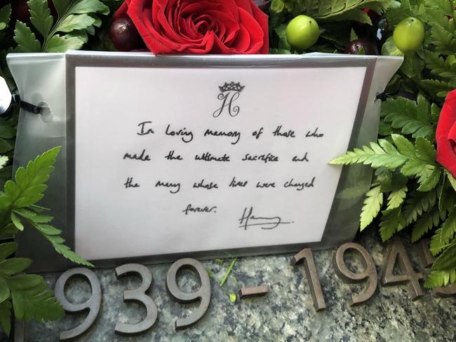 Prince Harry's note on the Anzac day wreath he laid in London Picture: Annabel Hennessy