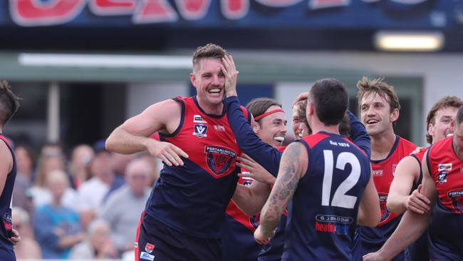 Portarlington’s Mitchell Turnbull celebrates a goal against Newcomb. Picture: Mark Wilson