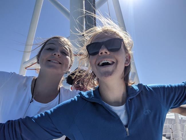 RV Investigator voyage manager Margot Hind with Sylvie King on the bow of the ship. Picture: David Dieckfoss