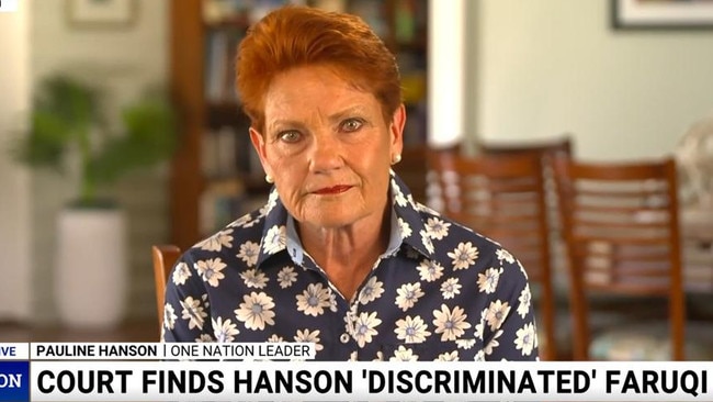 Senator Hanson broke down in an interview after a court ruled comments she made about a fellow parliamentarian were 'racist'.