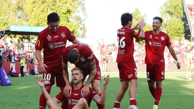 ADELAIDE, AUSTRALIA - DECEMBER 20: Stefan Mauk of Adelaide United celebrates his goal during the round nine A-League Men match between Adelaide United and Sydney FC at Coopers Stadium, on December 20, 2024, in Adelaide, Australia. (Photo by Sarah Reed/Getty Images)