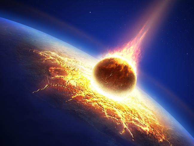 Earth and asteroid colliding (Elements of this image furnished by NASA- earthmap for render from http://visibleearth.nasa.gov)