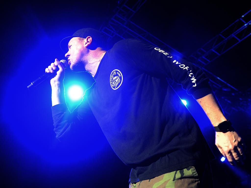 Suffa in action as Hilltop Hoods play Brisbane Riverstage on Friday, August 23, 2019. They play again Saturday. Picture: John Gass/AAP