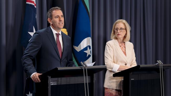 Treasurer Jim Chalmers and Finance Minister Katy Gallagher, in the Blue Room at Parliament House in Canberra. Picture: NCA NewsWire / David Beach