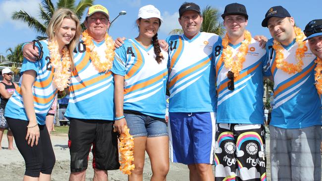 The Airlie Beach Hotel team, consisting of Sarah Nash, Steve Woolhouse, Renee Heta, Mark Bell, Tom Lawther, Rob Matcham and Wes Bell, won 'best hospitality team' at the Community Outrigger Challenge on Saturday. Photo: Sharon Smallwood / Whitsunday Times (15/09/2012)