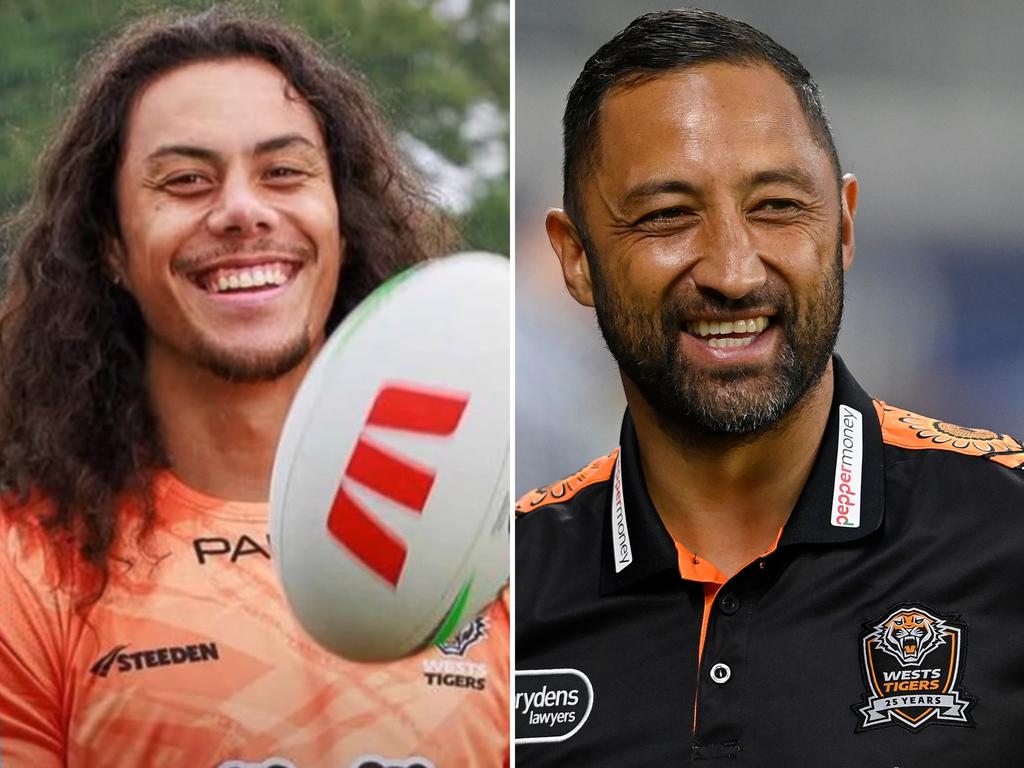 (L-R) Wests Tigers star recruit Jarome Luai and coach Benji Marshall.