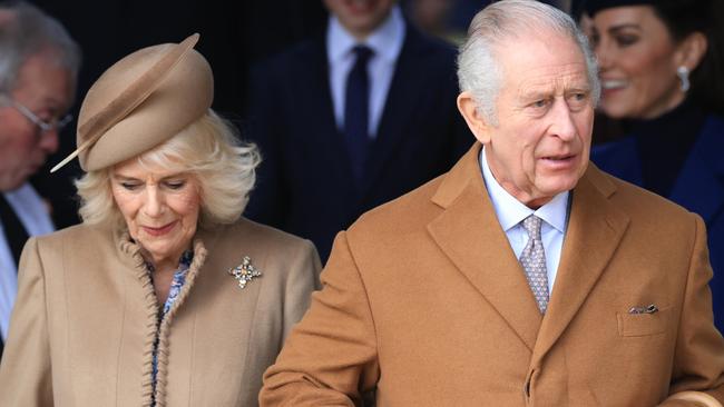 SANDRINGHAM, NORFOLK - DECEMBER 25: King Charles III and Queen Camilla attend the Christmas Morning Service at Sandringham Church on December 25, 2023 in Sandringham, Norfolk. (Photo by Stephen Pond/Getty Images)