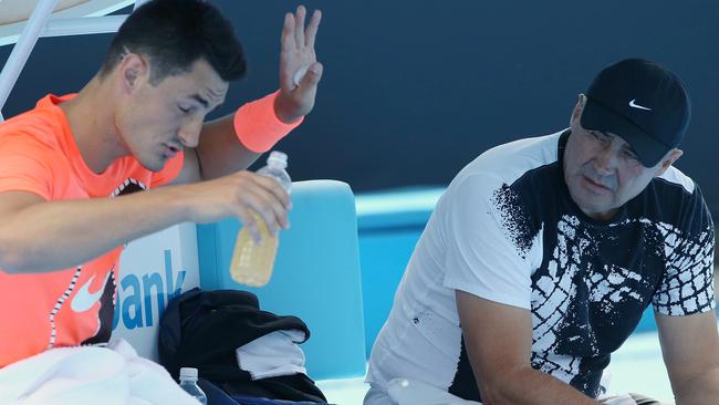 Bernard Tomic and his father John on the Australian Open practice court. (Pic: Wayne Ludbey)