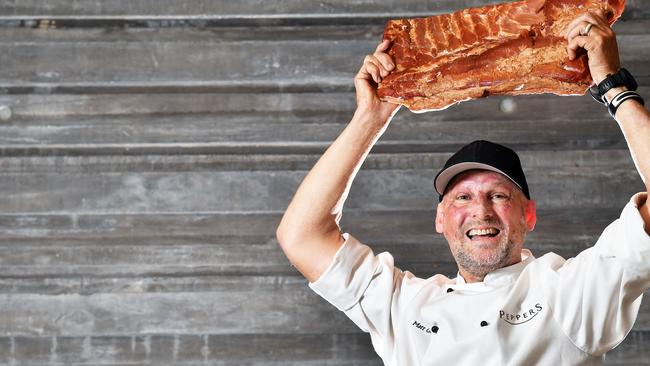 Chef Matt Golinski in preparation for the Baconfest. Photo: Patrick Woods.