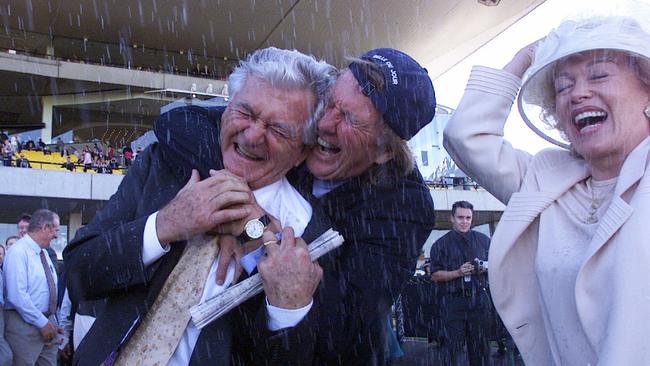 Ad executive John Singleton, former PM Bob Hawke and wife Blanche d'Alpuget celebrate Belle Du Jour’s Golden Slipper win in 2000. Celebrations continued in the racecourse bar afterwards.