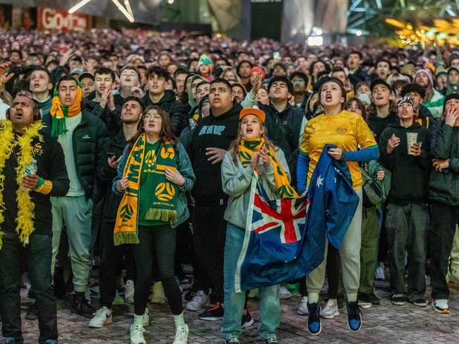 Matildas fans congregate at Fed Square to watch the Australian vs England semi-final. Melbourne. Picture: Jake Nowakowski