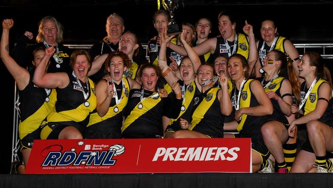 Kyneton celebrates its RDFNL premiership win. Picture: Josh Chadwick