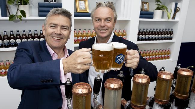 Sam and Adam Furphy enjoying a couple of cold ones in the Furphy marquee. Picture: Sam Tabone