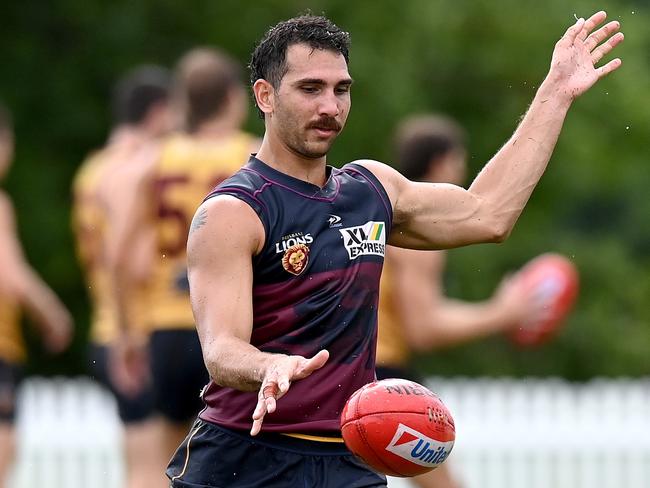 BRISBANE, AUSTRALIA - FEBRUARY 23: Nakia Cockatoo kicks the ball during a Brisbane Lions AFL training session at Yeronga on February 23, 2022 in Brisbane, Australia. (Photo by Bradley Kanaris/Getty Images)