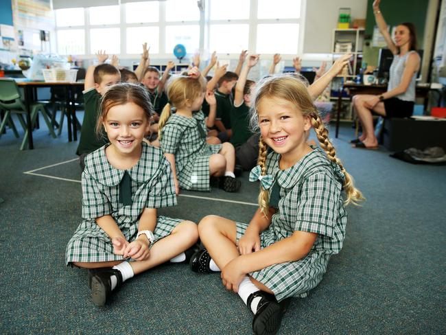 Violet Newman and Lucy Browne are in kindergarten at Mona Vale — the biggest school in NSW by land area. Picture: Tim Hunter