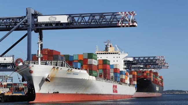 Scenes at Port Botany in Sydney, the location of a planned strike on Friday. At least 40 container ships are waiting to unload off the coast of NSW. Picture: Brett Costello