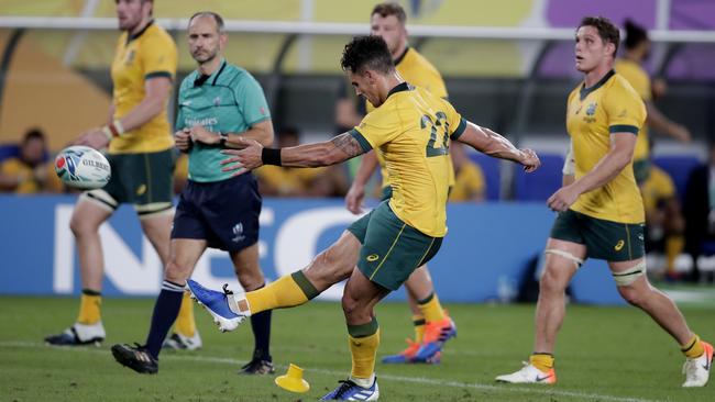 Matt Toomua takes a shot at goal... Can Australia’s goalkicking hit the mark on Saturday? Picture: AP