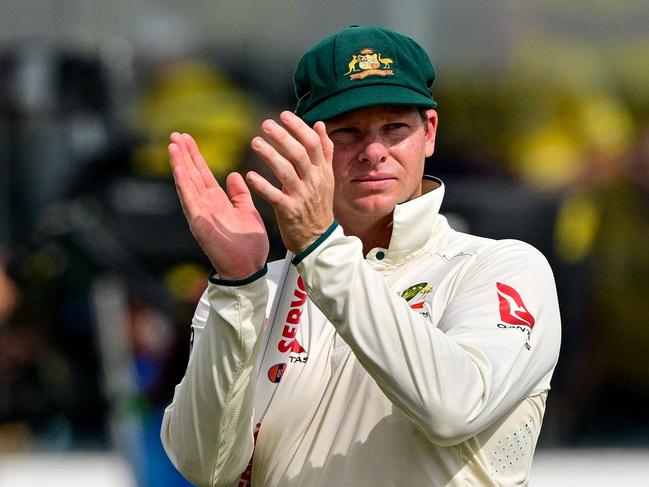 Australia's captain Steve Smith celebrates after their win at the end of the fourth day of the first Test cricket match against Sri Lanka at the Galle International Cricket Stadium in Galle on February 1, 2025. Australia won the first Test against Sri Lanka by an innings and 242 runs inside four days on February 1 to hand the hosts their worst Test cricket defeat. (Photo by Ishara S. KODIKARA / AFP)